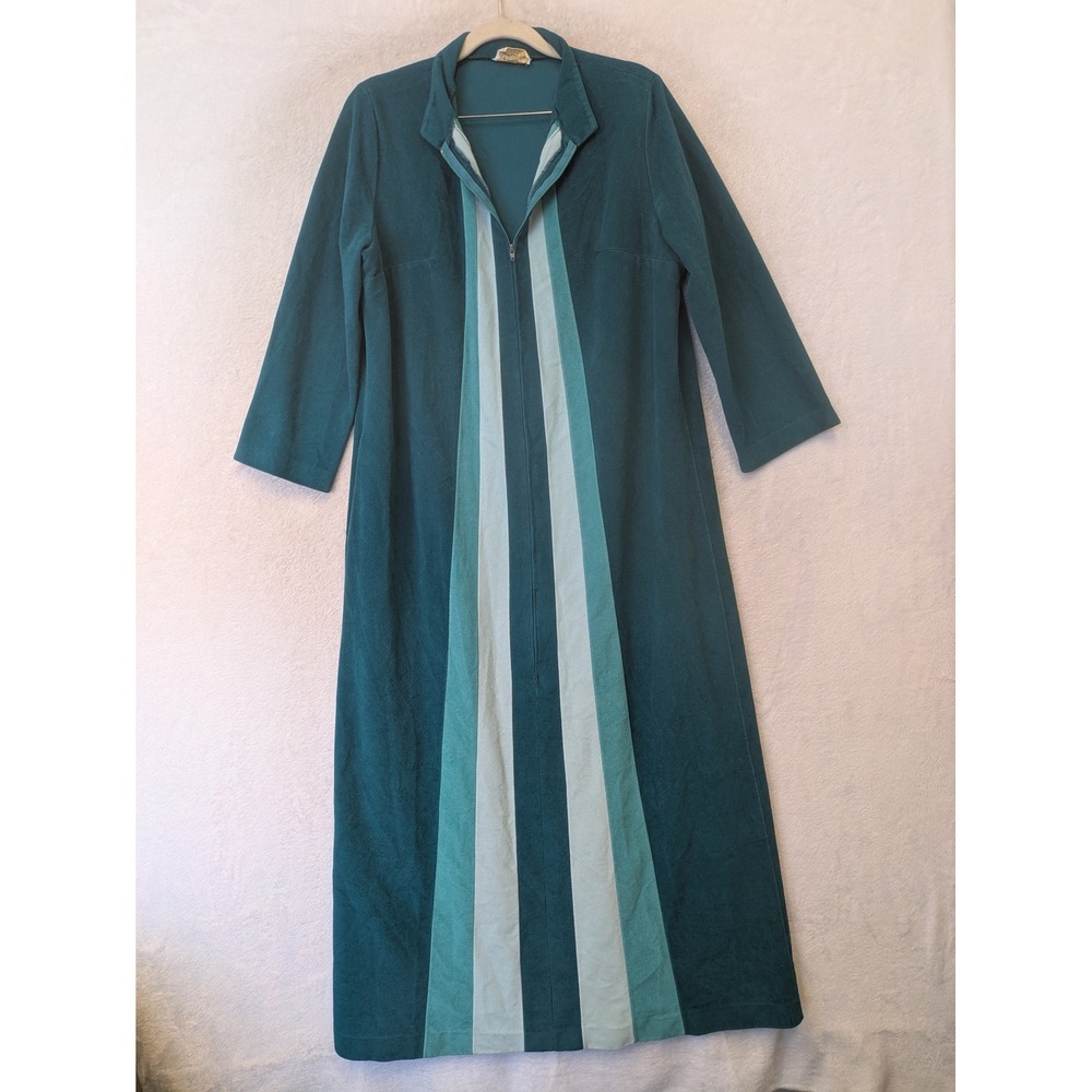 JCPenney Loungewear Maxi Robe Women's 12 Teal Blue Striped Vintage Zip Up 70s